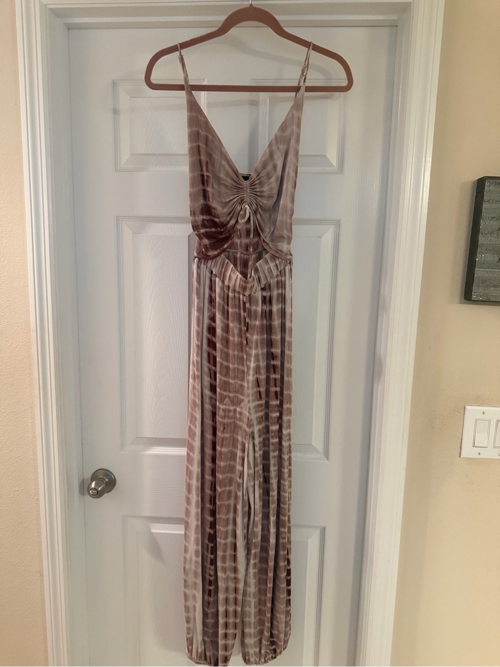 Tie-Dye Ruched V-Neck Wide-Leg Women's Dress - Taupe